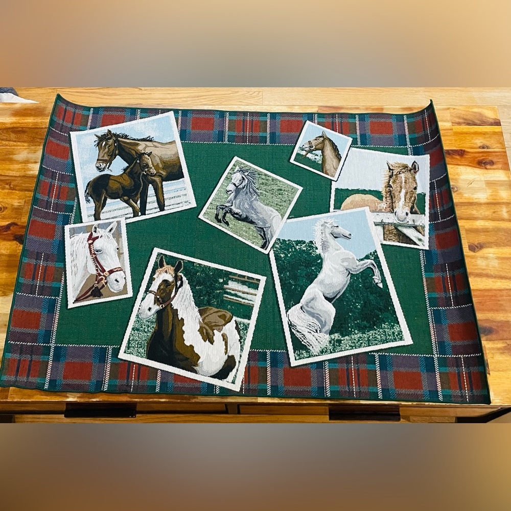 Vintage Horse Doormat 38x27 Foam Backed Equestrian Tapestry Plaid Border In EUC